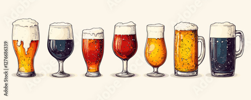 Variety of beer glasses with different types of foamy beverages on light background. Vector