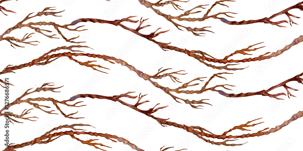 Fototapeta premium Bare brown branches with small twigs isolated on a white background. Seamless border. Watercolor template banner for card, pattern, fabric, poster, textile, web page, spring, winter, Halloween