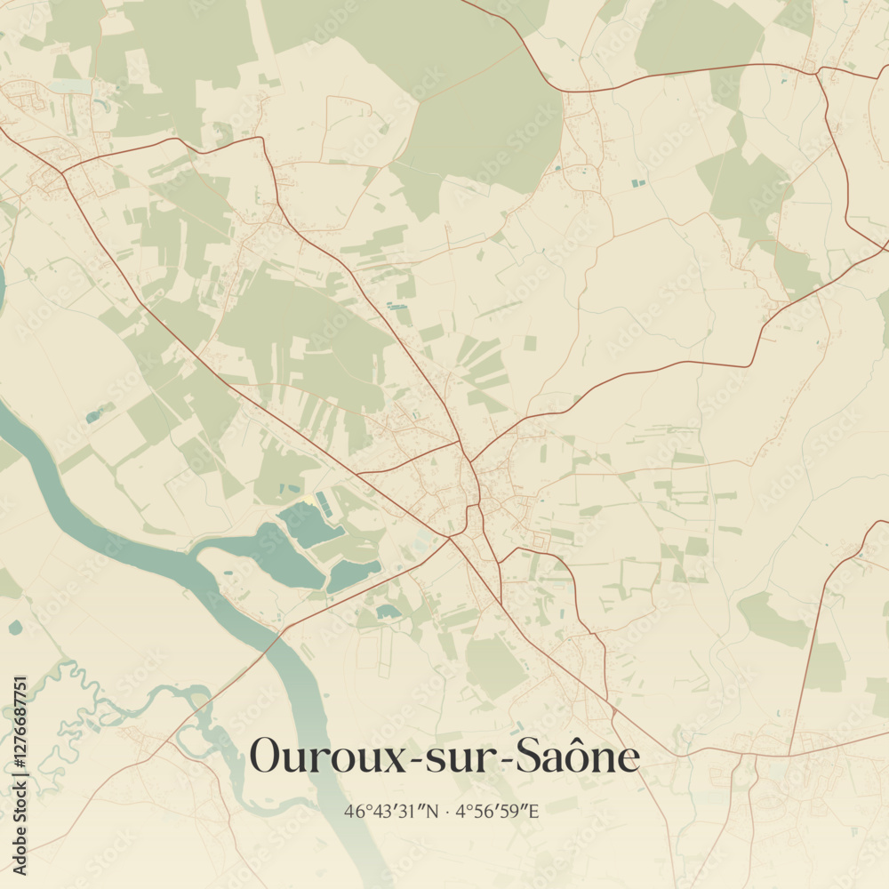 Fototapeta premium Vintage map of Ouroux-sur-Saône, France.
