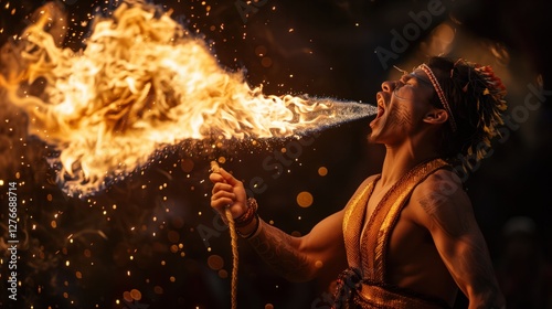 A fire artist dressed in a golden tribal costume breathes out a dramatic explosion of flames, creating a visually striking performance with sparks flying against the dark background photo