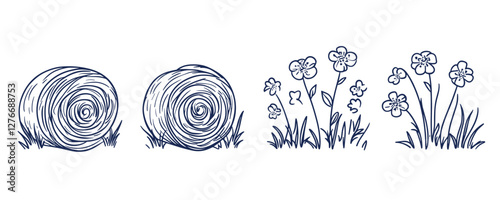 Hand-drawn hay bales and flowers with grass in rustic blue line art style. Vector