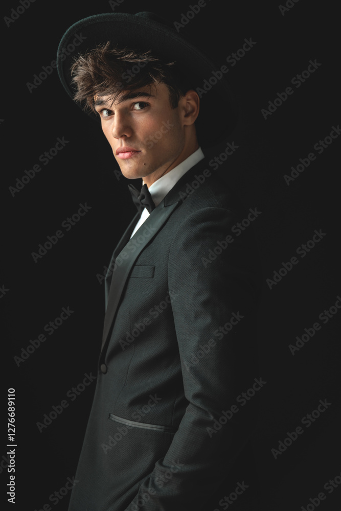 Obraz premium side view of relaxed young man wearing black hat