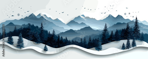 Serene winter mountain landscape with snowy pines and flying birds. Vector