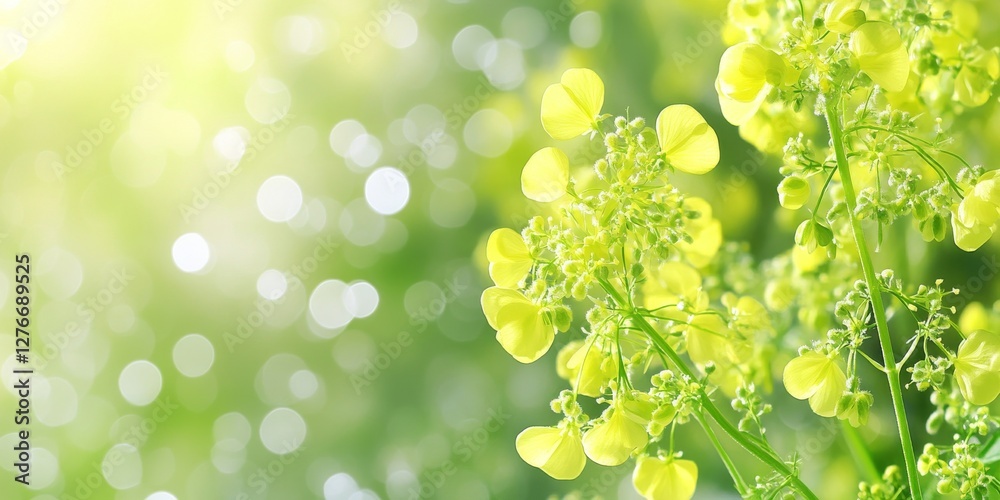A soft, abstract background featuring yellow flowers with a glowing light effect and blurred green foliage A soft, abstract background featuring yellow flowers with a glowing light effect and blurred green foliage