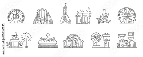 Amusement park rides: ferris wheels, roller coasters, and carnival attractions in outline. Vector