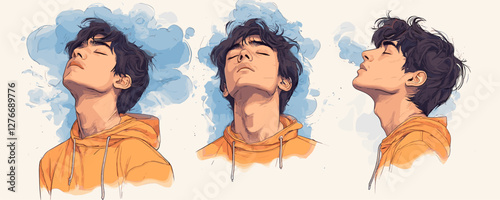 Young man in orange hoodie with calm expressions and blue watercolor background. Vector