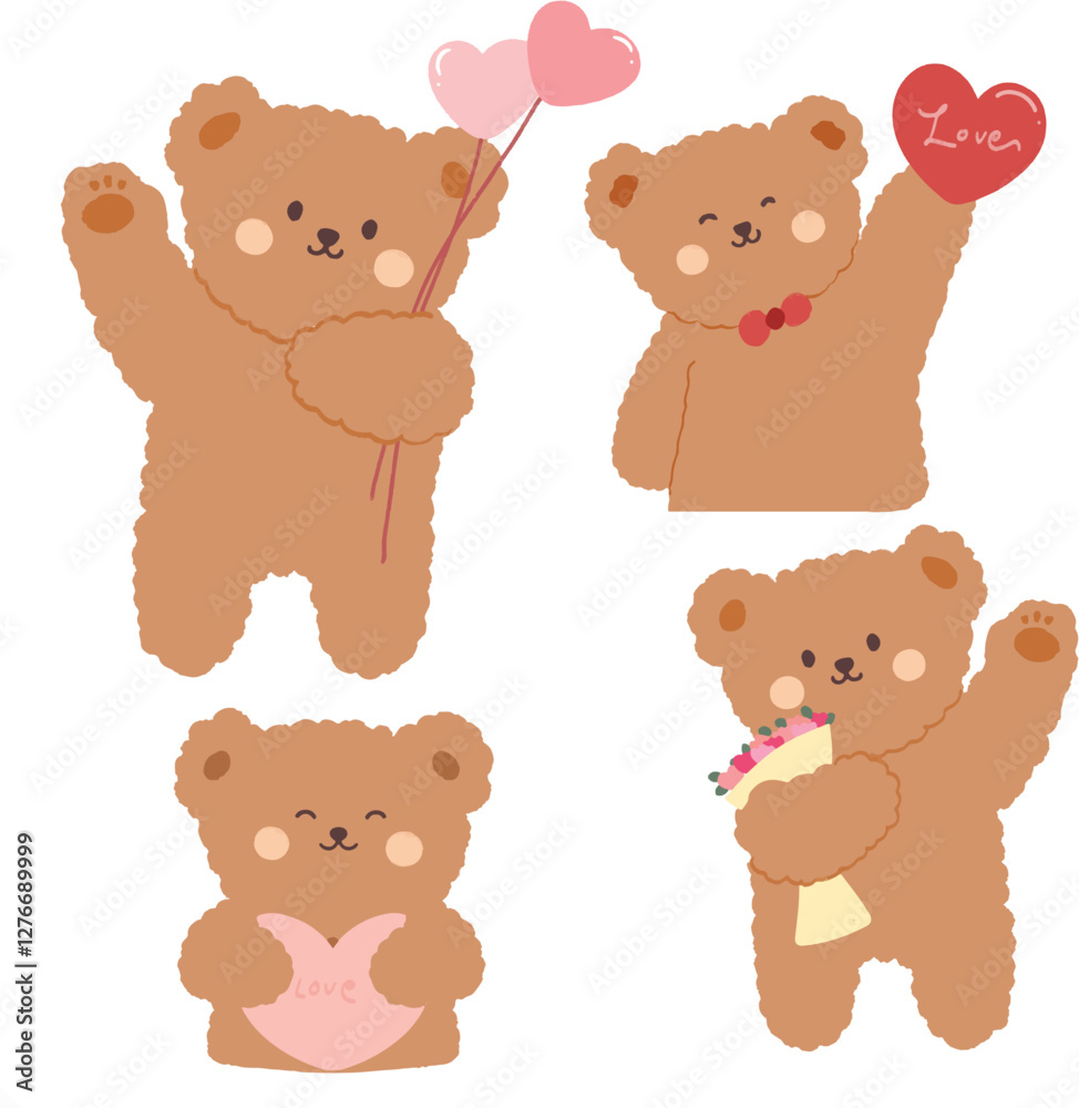 set of teddy bears with heart