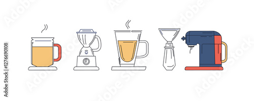 Brewing coffee icons: mug, blender, coffee press, dripper, espresso machine in line art style. Vector