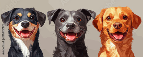 Three happy dogs with varying fur colors sitting together and looking forward. Vector
