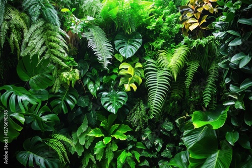 A lush indoor plant wall with various ferns and air plants