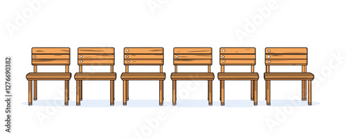 Six wooden chairs in a row on white background with metal accents. Vector