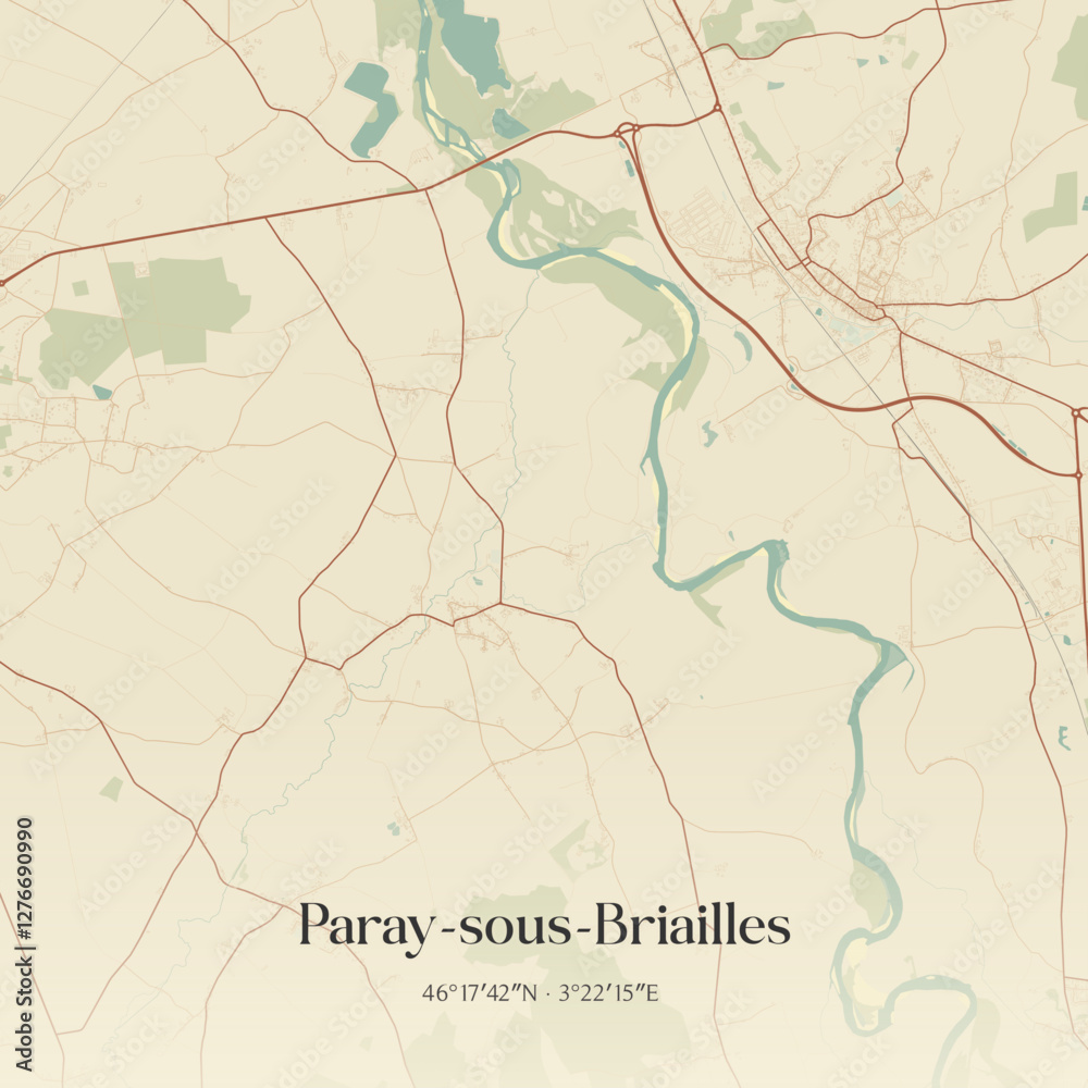 Fototapeta premium Vintage map of Paray-sous-Briailles, France.