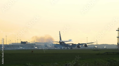 A huge wide-body double-deck airliner landing and braking at golden sunset. Slowing down, spoilers up. Footage of jumbo jet arrival
