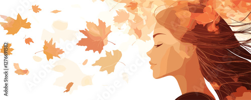 Peaceful woman with autumn leaves in hair, eyes closed, enjoying fall breeze. Vector