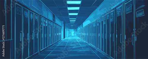 Futuristic neon blue school hallway with endless lockers and lighted ceiling. Vector