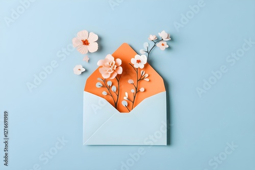 White envelope with orange paper and paper cherry blossoms on blue background with copy space. Spring greeting card for Easter, Mother's day, Women's day celebrations
