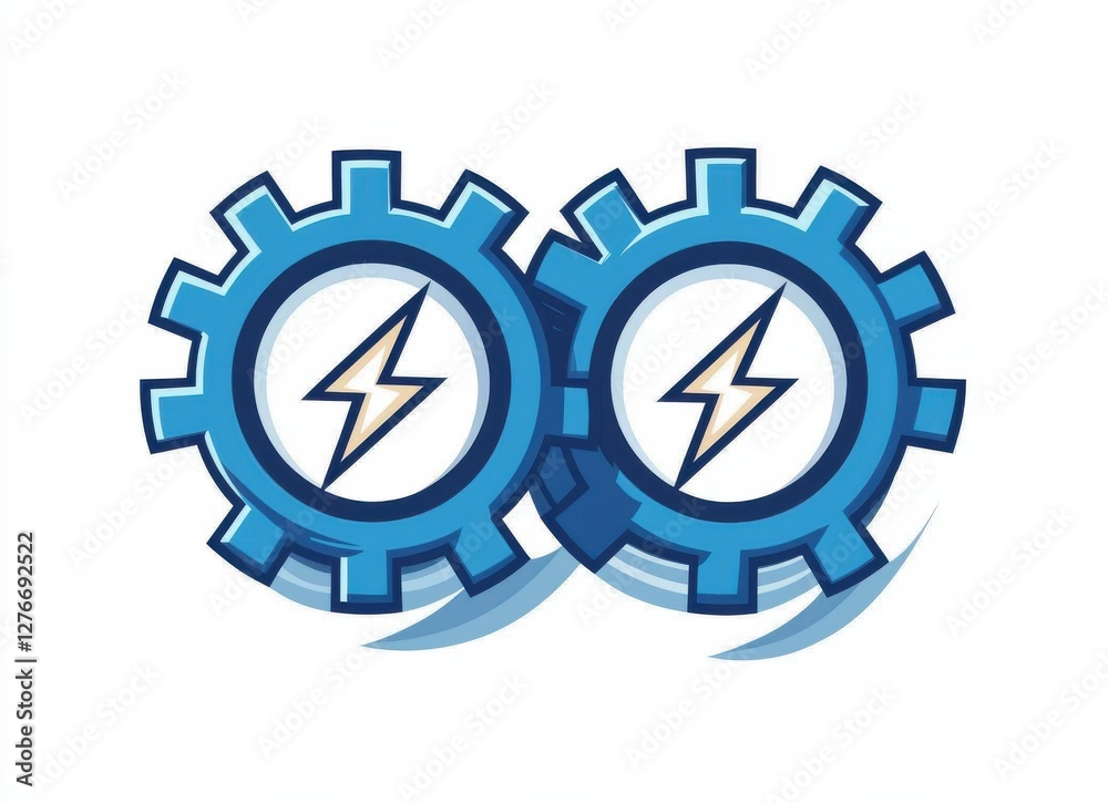 Two interconnected blue gears with lightning bolts depicting energy and teamwork Two interconnected blue gears with lightning bolts depicting energy and teamwork