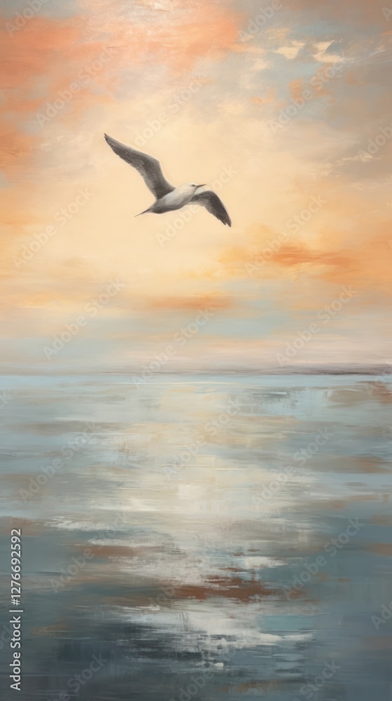 Fototapeta premium Minimal bird flying pass river outdoors painting seagull.