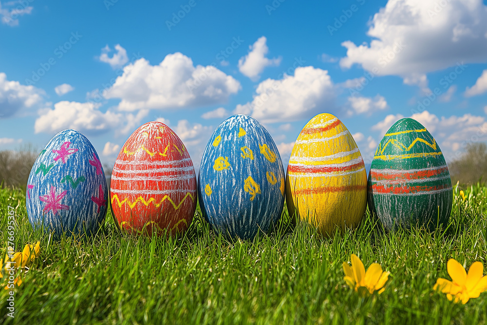 Fototapeta premium Colorful easter egg hunt drawing filled with childhood joy under a sunny sky