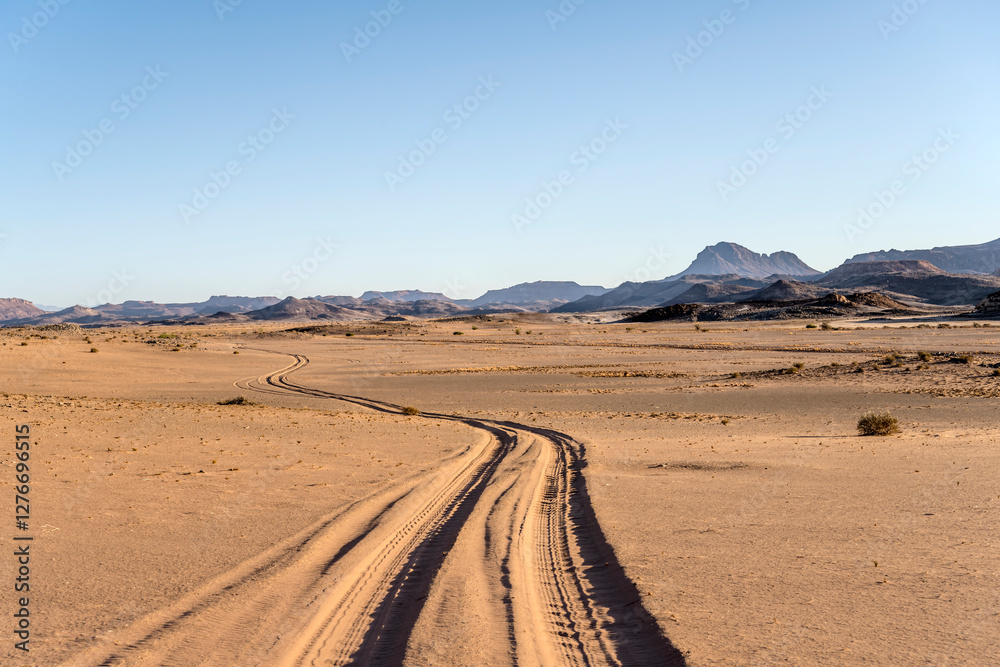 tyre tracks on desert sand, near Twyfelfontein, Namibia