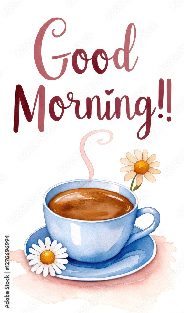 Watercolor hand drawn illustration of a blue cup of hot coffee, daisies, with 'Good Morning' text on a greeting card