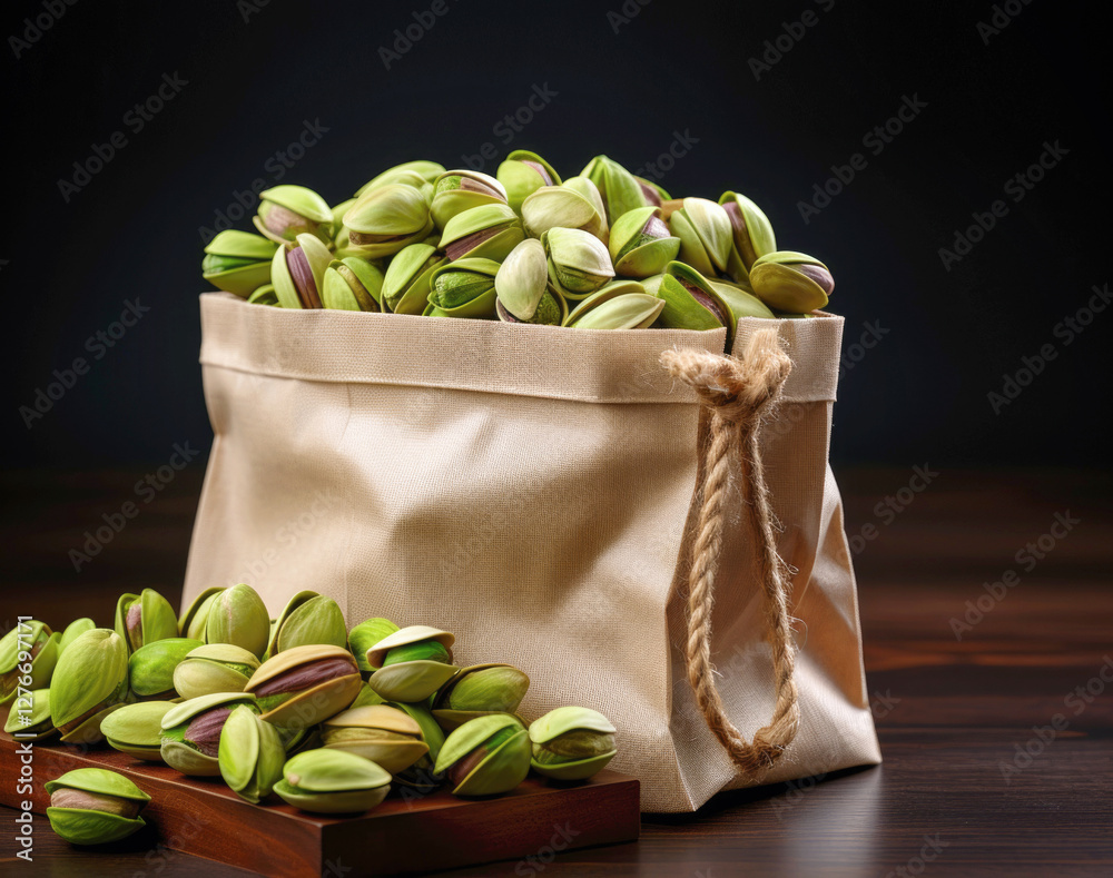 paper bag filled with pistachios spilling onto a wooden surface on black background