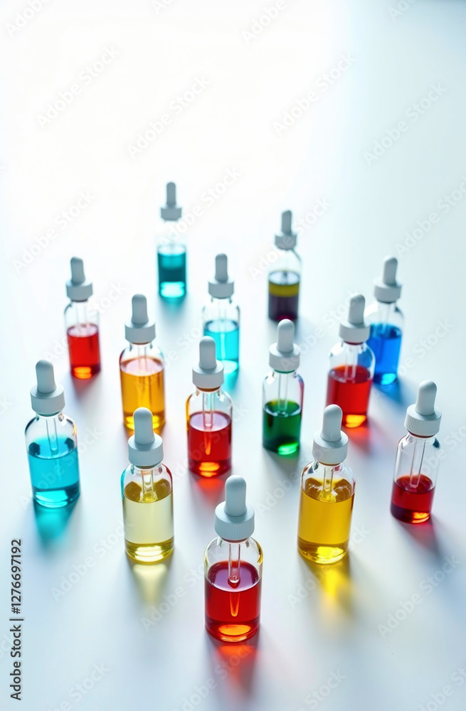 Collection of glass dropper bottles with colorful liquids arranged on a white surface, with space for text