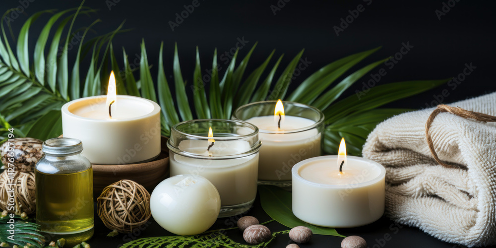 Luxury spa setting with burning candles, essential oil, natural decor, and folded towel on a dark background