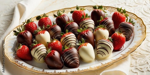 Gourmet plate of chocolate covered strawberries close up