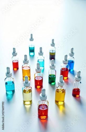 Obraz na płótnie Collection of glass dropper bottles with colorful liquids arranged on a white surface, with space for text w salonie