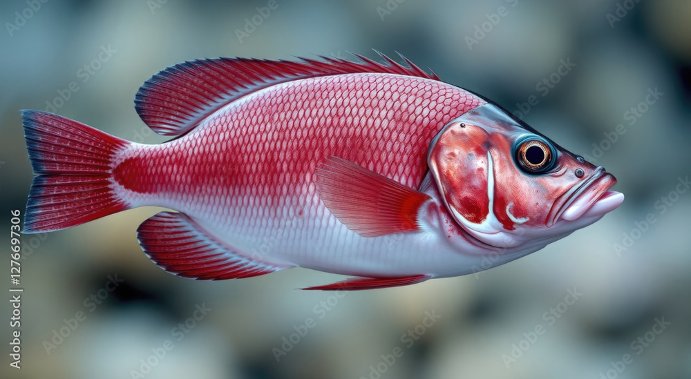 Close-up of a red and white fish with detailed scales and fins against a blurred underwater background