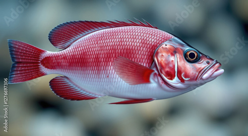 Obraz na płótnie Close-up of a red and white fish with detailed scales and fins against a blurred underwater background w salonie
