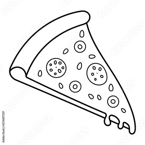 Pizza slice vector illustration. Hand-drawn doodle style with cheese and pepperoni. Black outline isolated on white background.