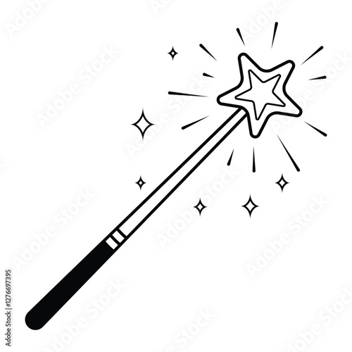 Magic wand vector icon. Star-shaped wand with sparkles in doodle style. Black outline isolated on white background.