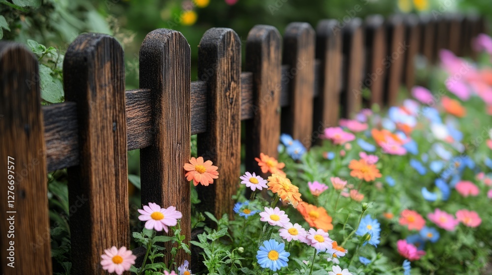 Fototapeta premium Vibrant flowers bloom next to a charming wooden fence under warm sunlight