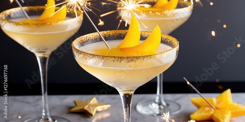 Festive tropical yellow cocktail with sparklers and orange fruit slice