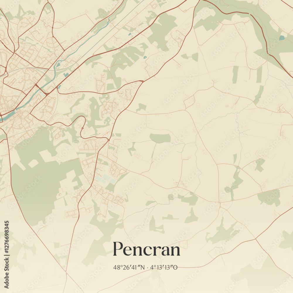 Fototapeta premium Vintage map of Pencran, France.