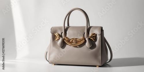 Stylish grey leather handbag with elegant metal chain details