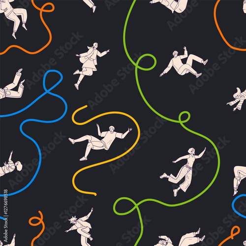 Trendy endless unique wallpaper with flying stylish people. Multi-ethnic community. Movement in air, falling young characters in different poses, happy guys and girls. Black and white background