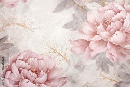 Fototapeta Naklejka Na Ścianę i Meble -  Pink watercolor peonies with golden leaves pattern on white background. Elegant floral design for Mother's Day, Valentine's Day, Women's Day, wedding invitations and romantic occasions