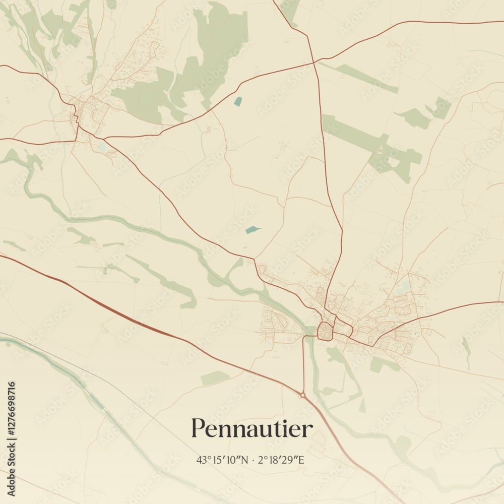 Fototapeta premium Vintage map of Pennautier, France.