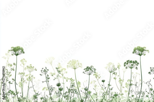 A minimalistic illustration featuring a variety of fennel flowers and seeds against a white background photo