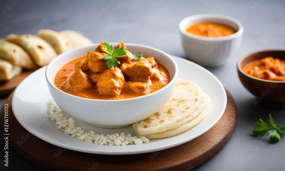Delicious Indian Chicken Curry with Bread and Sauces on Table Delicious Indian Chicken Curry with Bread and Sauces on Table