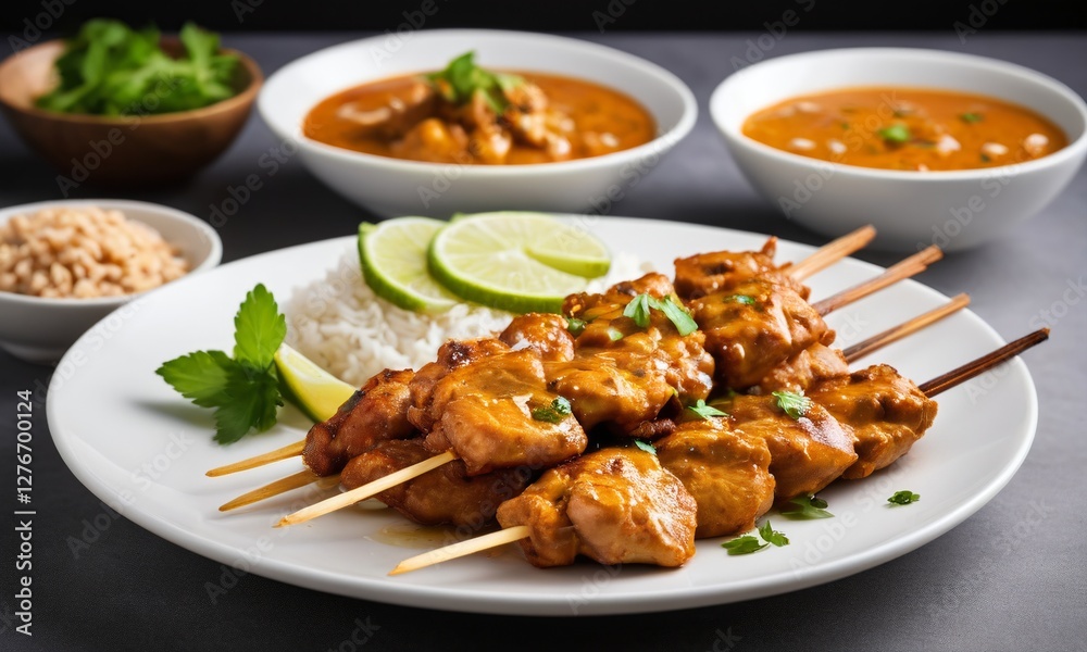 Delicious Chicken Skewers with Sauces and Accompaniments on Plate Delicious Chicken Skewers with Sauces and Accompaniments on Plate
