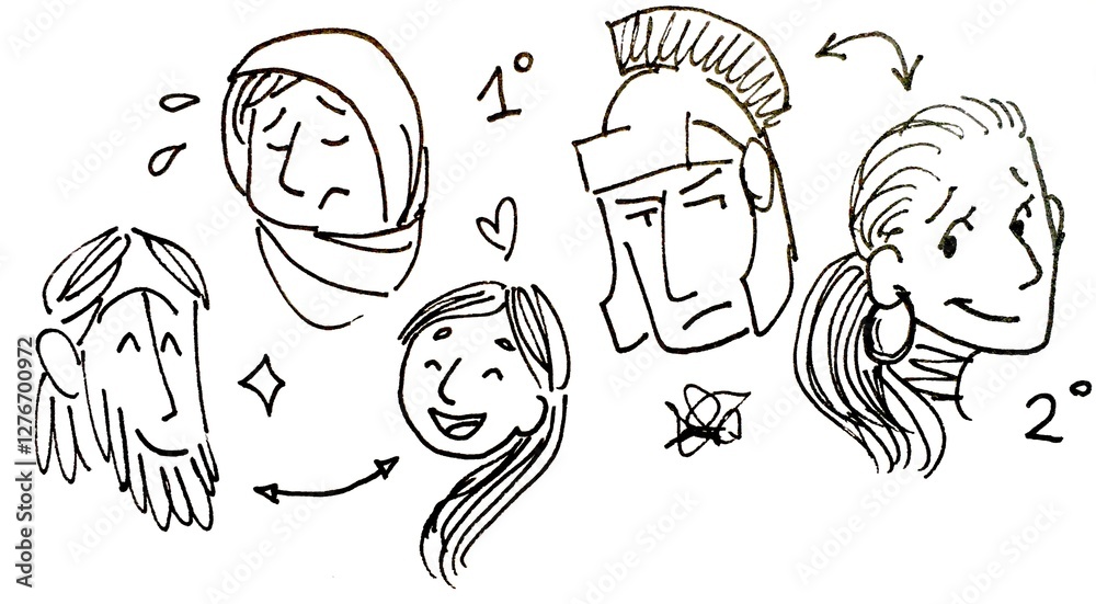 Fototapeta premium Characters relationships in a narrative - casual ink illustration