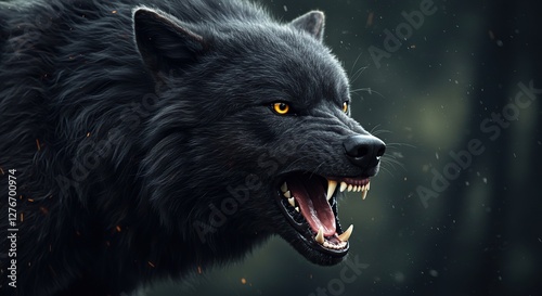 Angry Black Wolf Growling with Sharp Teeth Showing Aggression in Nature