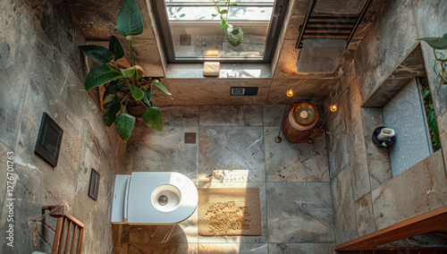 Small narrow toilet room with gray and brown marble walls.