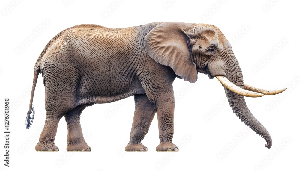 Fototapeta premium African elephant walking with long tusks on a white background