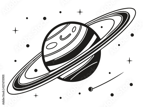 Saturn-like planet, ringed planet, stylized illustration, black and white, bold lines, retro space art, cosmic scene, stars, astronomical drawing, vintage sci-fi aesthetic, planetary sketch, celestial