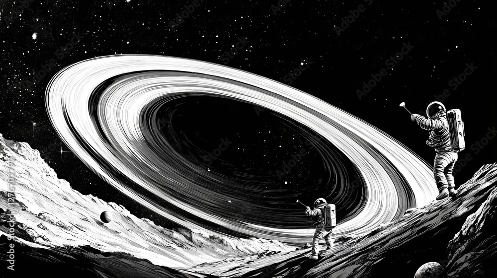 custom made wallpaper toronto digitalA black-and-white illustration of Saturnâ€™s rings with astronauts playing golf.